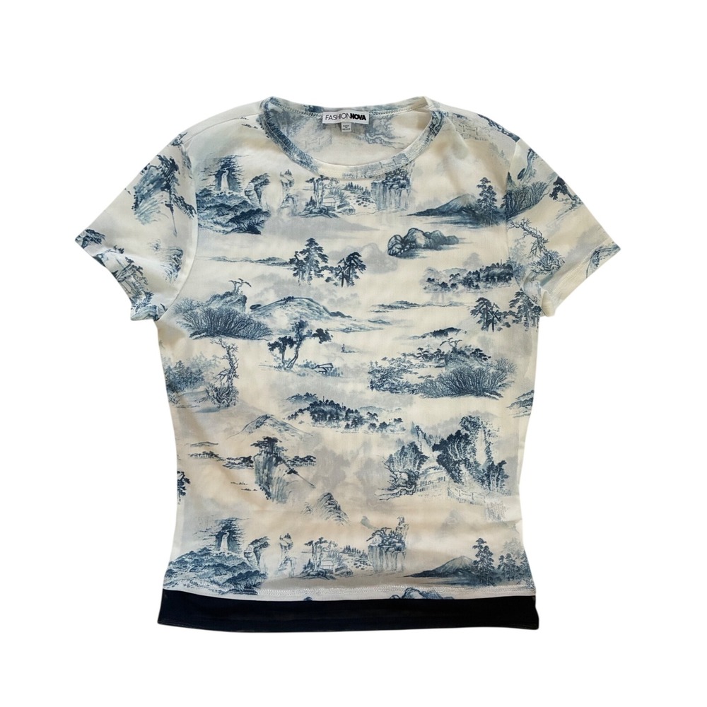 Fashion Nova Blue White Landscape Print Mesh Short Sleeve Festival Top Large